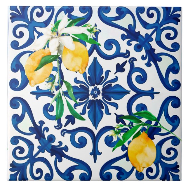 Italienska stil,mosaik,blå,citron, kakelplatta (Framsidan)