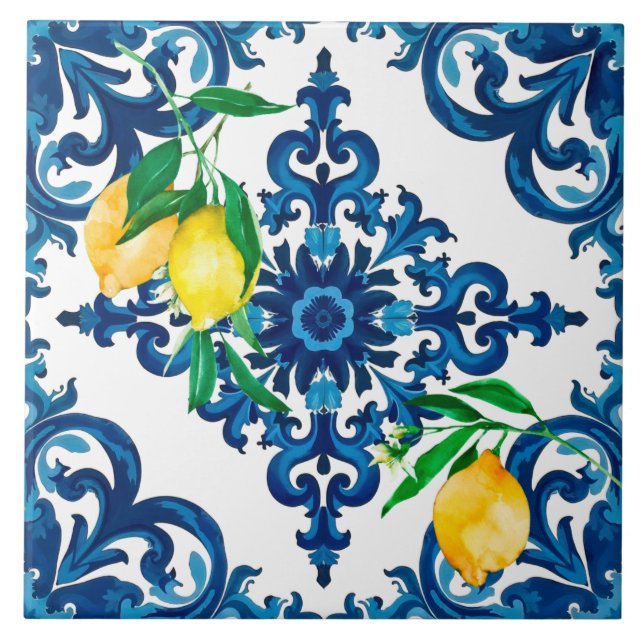 Italienska stil,mosaik,blå,citron, kakelplatta (Framsidan)
