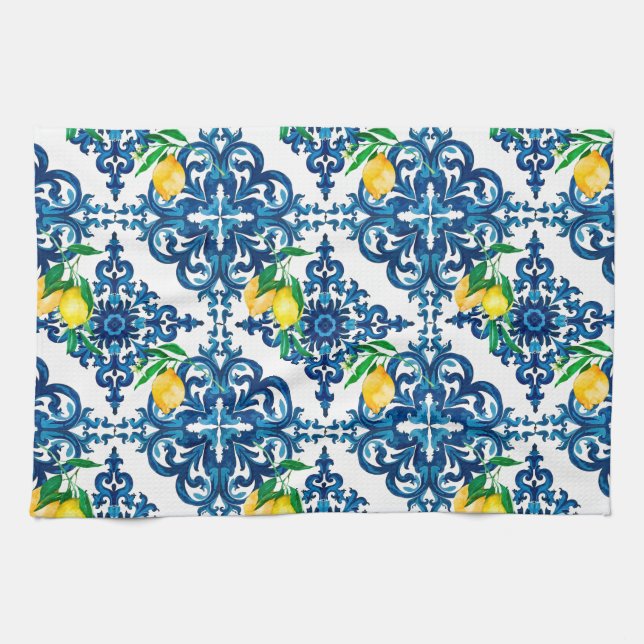 Italienska stil,mosaik,blå,citron, kökshandduk (Horisontell)