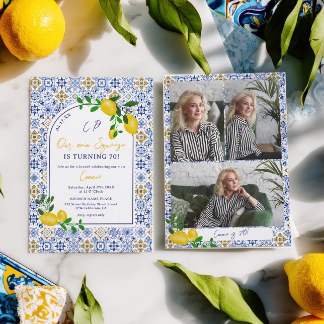 Italienska Tile Lemon Vår största Squeeze 70:e föd Inbjudningar (Italian Tile Lemon Our main Squeeze 70th Birthday Invitation)