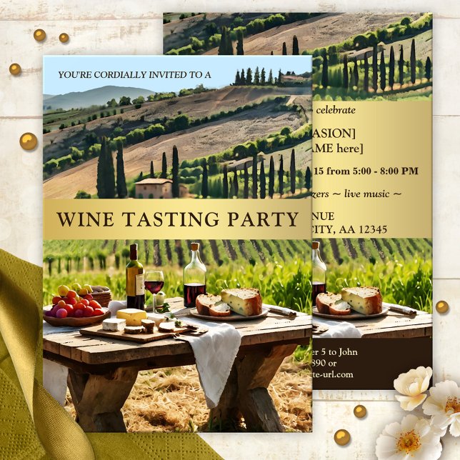 Italienska utomhussorten Vin Tasting Party Inbjudningar (Italian style outdoors wine tasting party invitation featuring a Tuscan landscape with red wine)