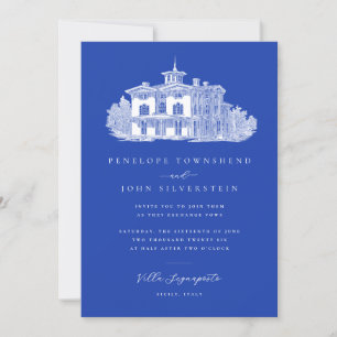 Italienska Villa Illustration-Chicen Blue Bröllop Inbjudningar