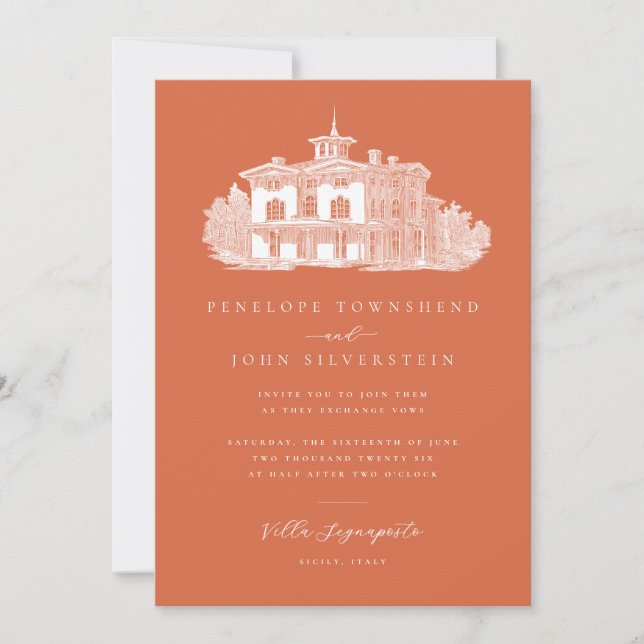 Italienska Villa Teckning Terracotta Orange Bröllo Inbjudningar (Framsida)