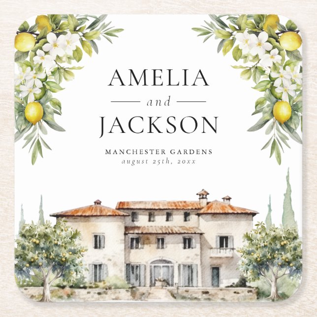 Italienska Villas Lemons & Olife Underlägg Papper Kvadrat (Framsidan)