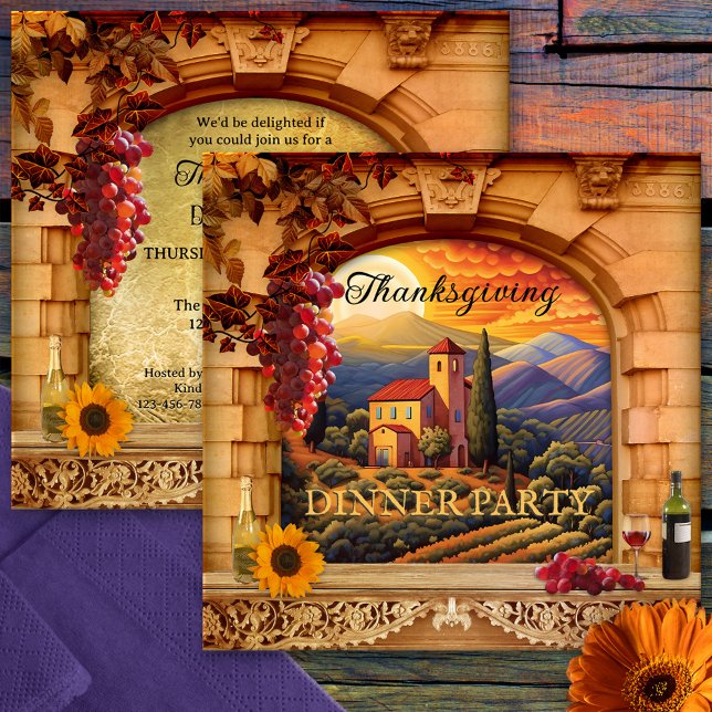 Italienska Vin-Thanksgivingen Party Inbjudningar (Artistic Thanksgiving dinner invitation with an Italian landscape, grapes and wine with classic arch)