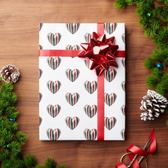 Italienskt 3D-hjärteprydnadspresentpapper Presentpapper (3D green white and red Hearts repeat pattern on gift wrapping paper for Italian Christmas)