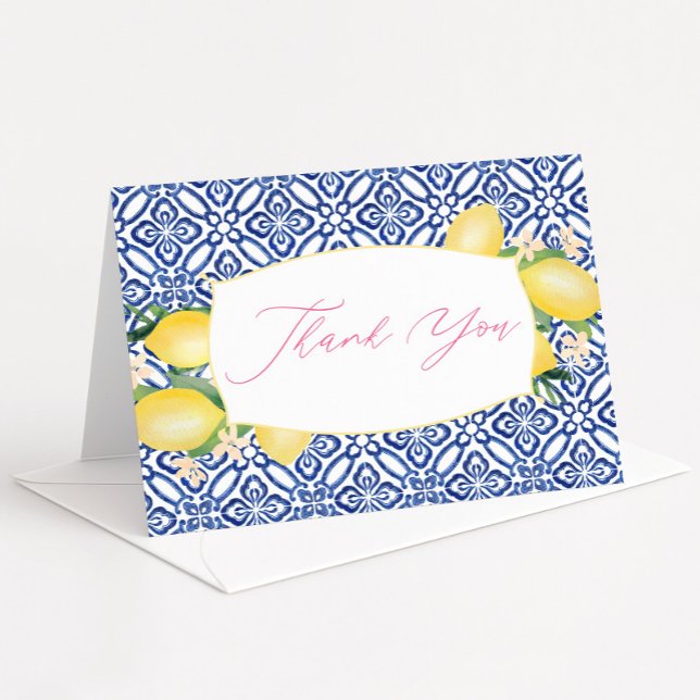 Italienskt akvarellmönster med citroner och blå vi tack kort (Lemons blue tiles bridal shower thank you card)