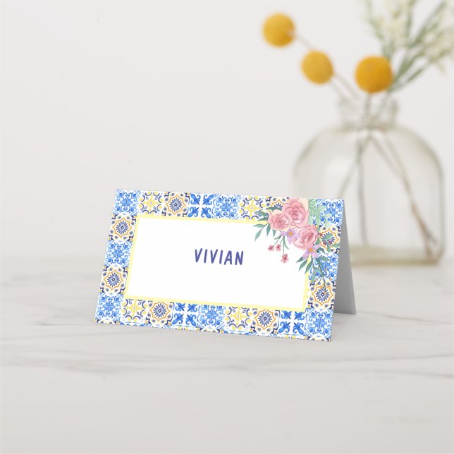 Italienskt blått tyle mamma Mia Baby Shower Namn Placeringskort (Framsida)