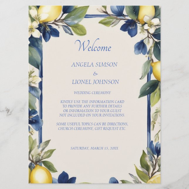 Italienskt bröllop med lemon blå blommor  program (Framsida)