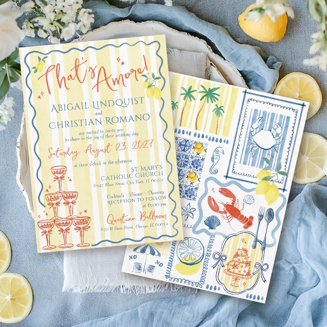 Italienskt Citron Blått Det är kärlek Handritat Br Inbjudningar (Colorful unique trendy That's Amore Love hand drawn Italian Amalfi Coast Italy wedding invitation)