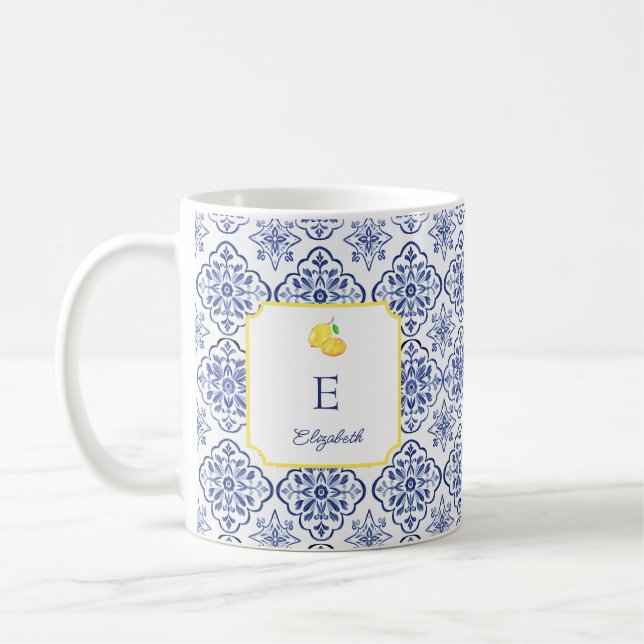 Italienskt citronblått kakelmonogram medelhavsstil kaffemugg (Vänster)
