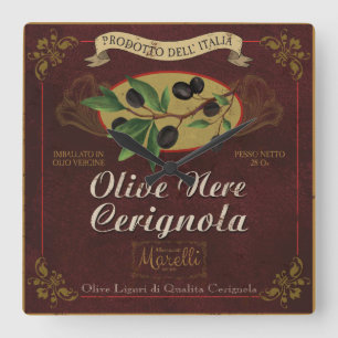Italienskt kök tar tid på, den Retro olivetikett Fyrkantig Klocka