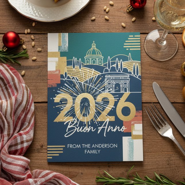 Italienskt Landskap Gott Nytt År 2026 Marin Guld Julkort (Skapare uppladdad)