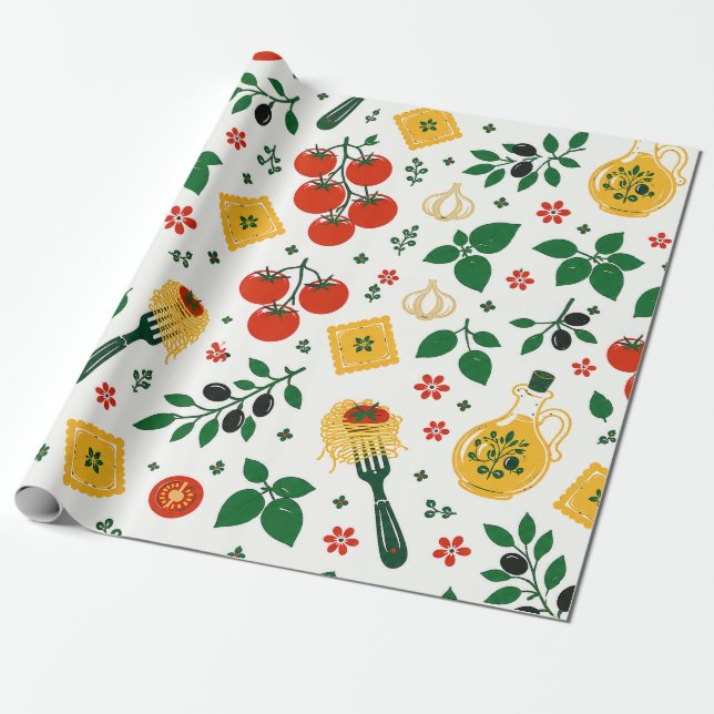 Italienskt mat, tomater pasta vitlök & olivolja presentpapper (Utrullad)