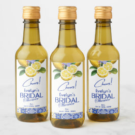 Italienskt mosaik blå kakel & citroner bröllopsdus vinetikett