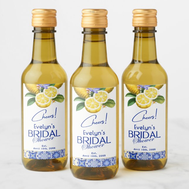 Italienskt mosaik blå kakel & citroner bröllopsdus vinetikett (Flaskor)