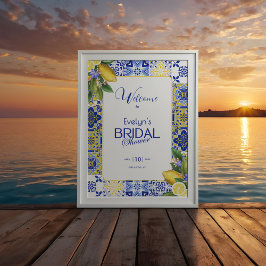 Italienskt mosaik blått kakel & citroner bröllopsd poster