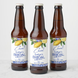 Italienskt mosaikblått kakel & citroner bröllopsdu ölflaska etikett