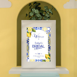 Italienskt mosaikblått kakel & citroner bröllopsdu poster