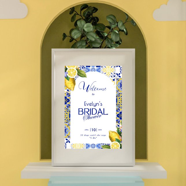 Italienskt mosaikblått kakel & citroner bröllopsdu poster (Skapare uppladdad)