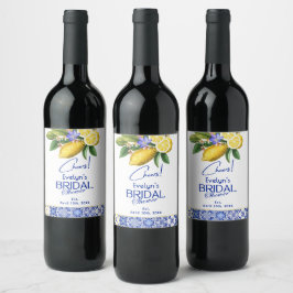 Italienskt mosaikblått kakel & citroner bröllopsdu vinflaska etikett