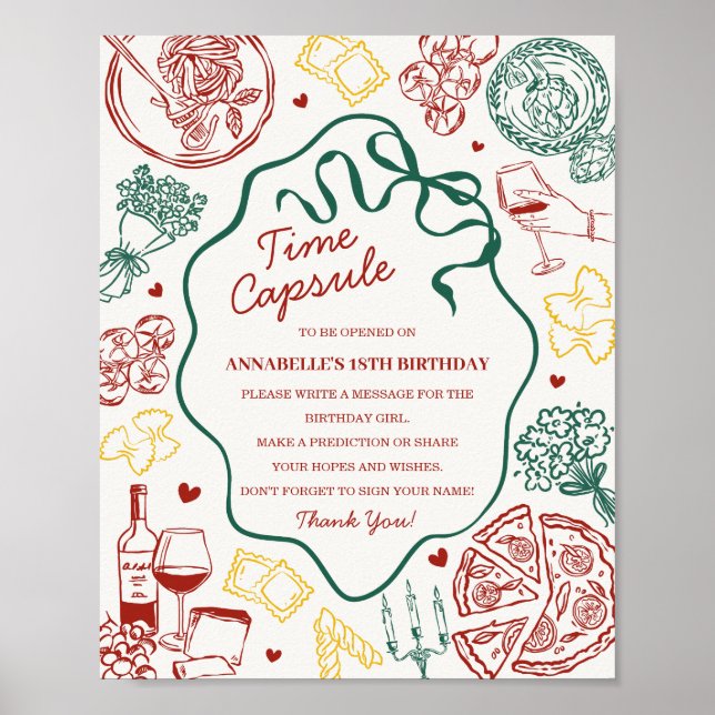 Italienskt pastabarnvignings tids kapsel spel poster (Framsidan)
