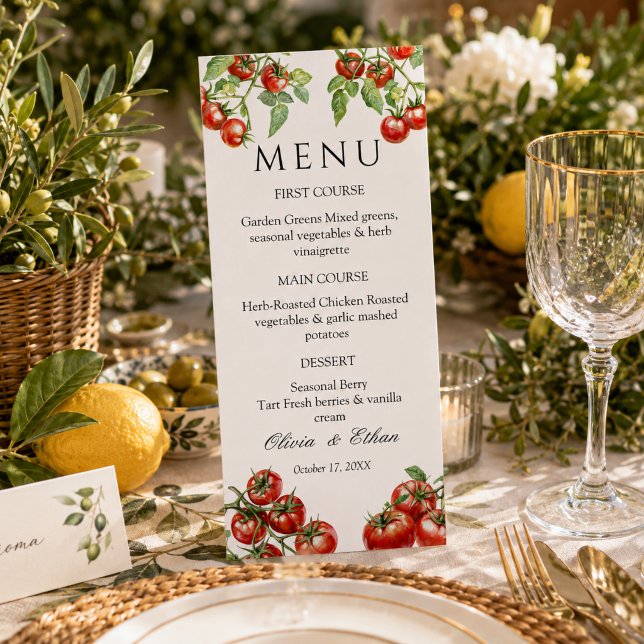 Italienskt Pomodoro-bröllop  Meny (Elegant Italian pomodoro wedding menu card)