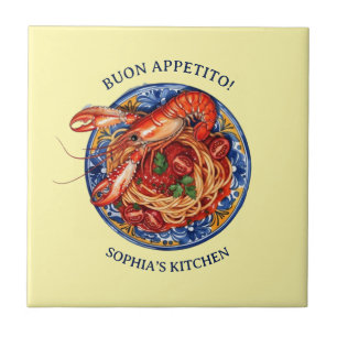 Italjensk skaldjursostpasta, siciliansk Maiolica Kakelplatta