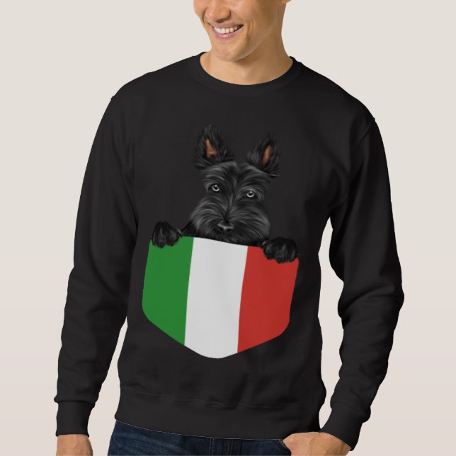 Italy Flag Scottish Terrier Dog In Pocket Lång Ärmad Tröja (Framsida)