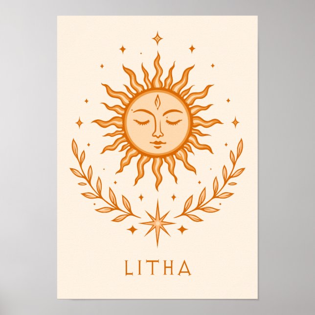 itha Celestial Sun Face Botanical Wreath Art Poster (Framsidan)