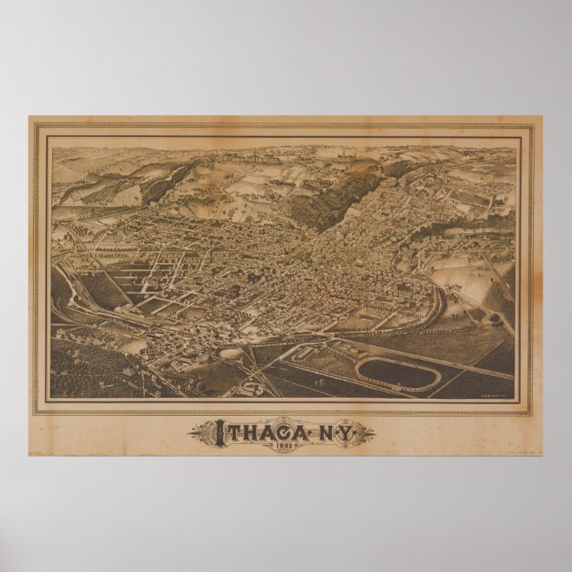 Ithaca New York 1882 Antique Panoramic Karta Poster (Framsidan)