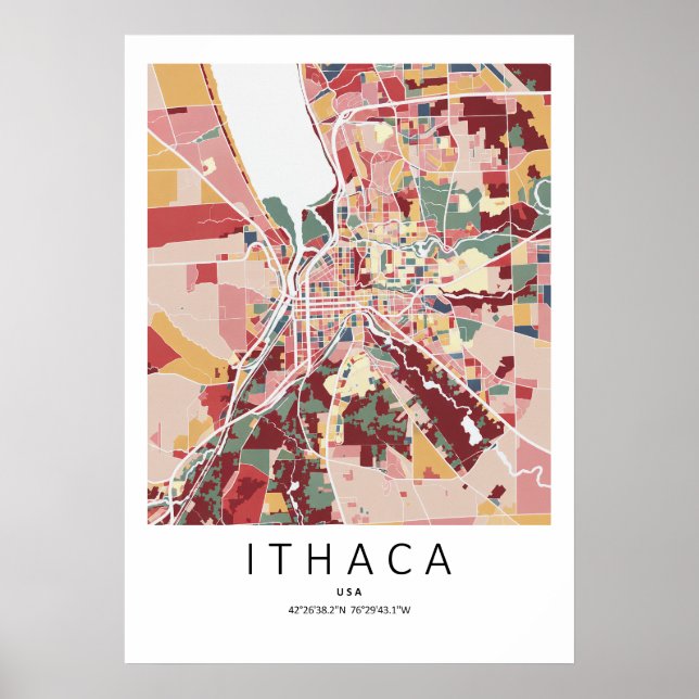 Ithaca New York Kartposter | Modern Stadsväggkonst Poster (Framsidan)