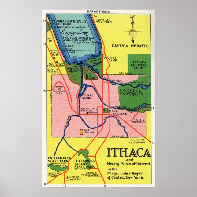 Ithaca och Nearby Points of Interest Poster (Framsidan)