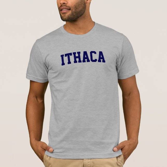 Ithaca t-skjorta på ljunggrå färg med marinblått t-shirt (Framsida)