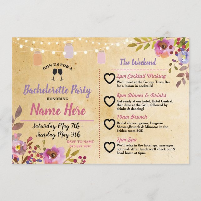Itinerär Bachelorette Party Blommigt Burk Rosa Woo Program (Framsida)