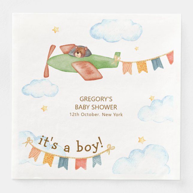 It's A Boy Bear Airplane Sky Baby Shower  Pappersservett (Framsida)