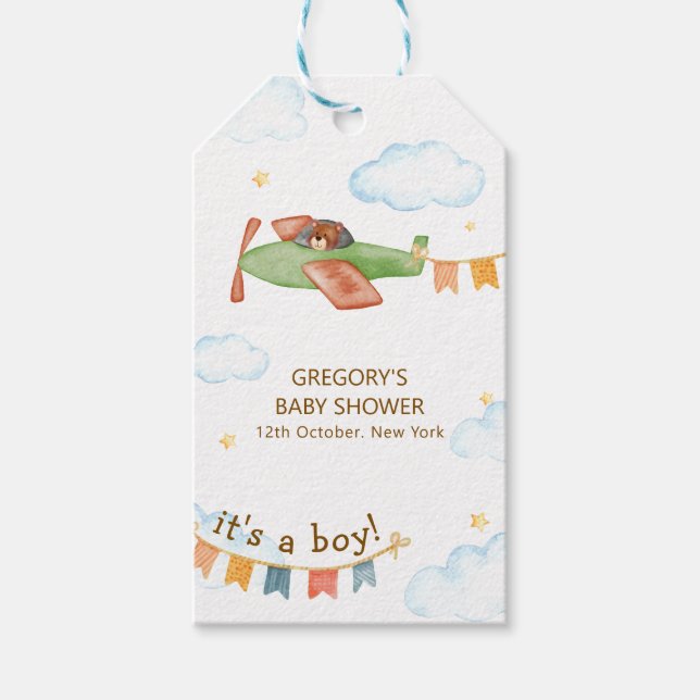 It's A Boy Bear Airplane Sky Baby Shower  Presentetikett (Framsidan)