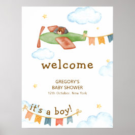 It's A Boy Bear Airplane Sky Baby Shower Welcome Poster