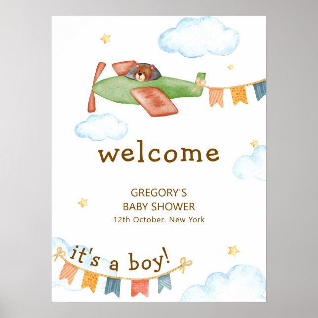 It's A Boy Bear Airplane Sky Baby Shower Welcome Poster (Framsidan)