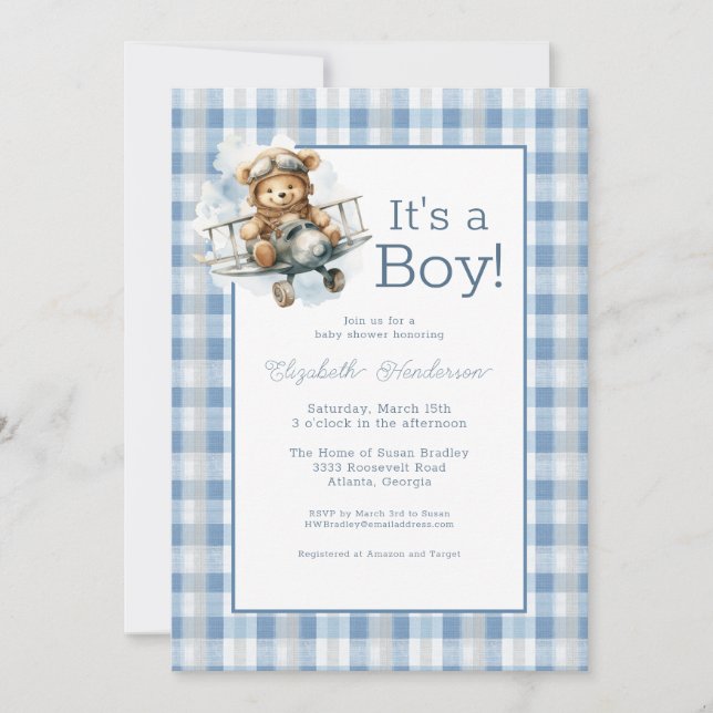 It's a Boy Blue Airplane Baby Shower Invitation Inbjudningar (Framsida)