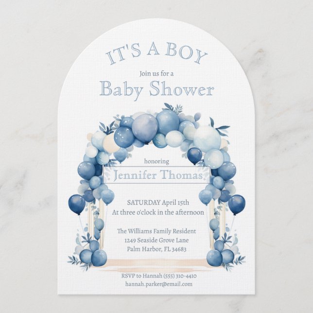 It's a BOY Blue Balloon Arch Baby Shower Inbjudningar (Framsida)