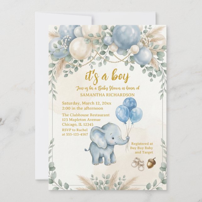 It's a boy blue balloon cute elephant baby shower  inbjudningar (Framsida)