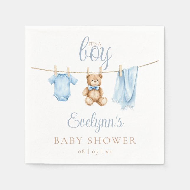 Its A Boy Blue Clothesline Baby Shower Pappersservett (Framsidan)