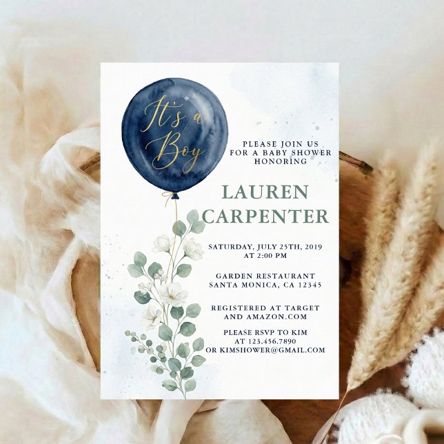 Its a Boy Celebration Navy Blue Balloon Baby Showe Inbjudningar (Skapare uppladdad)