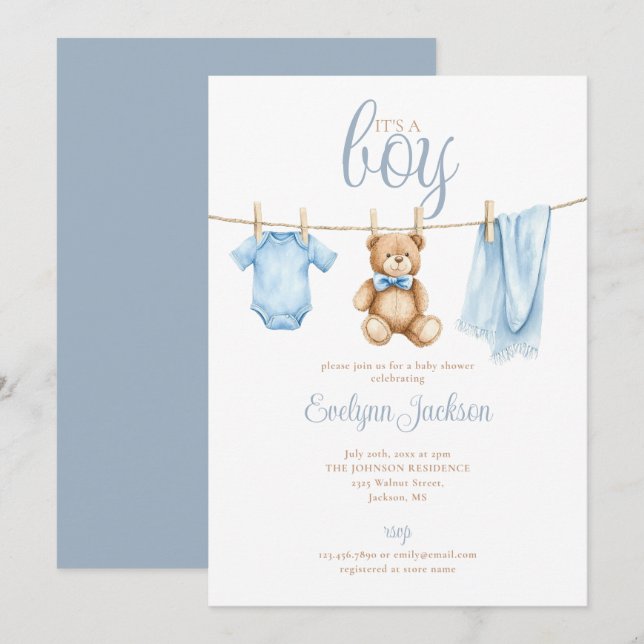 Its A Boy Cute Blue Clothesline Baby Shower Inbjudningar (Fram/baksida)