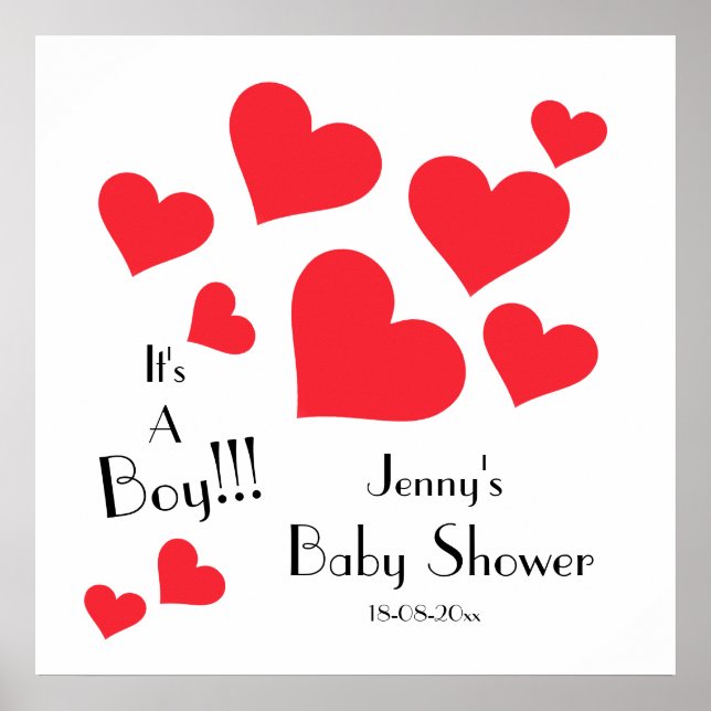 It's A Boy! - Cute Red Hearts Custom Baby Shower Poster (Framsidan)