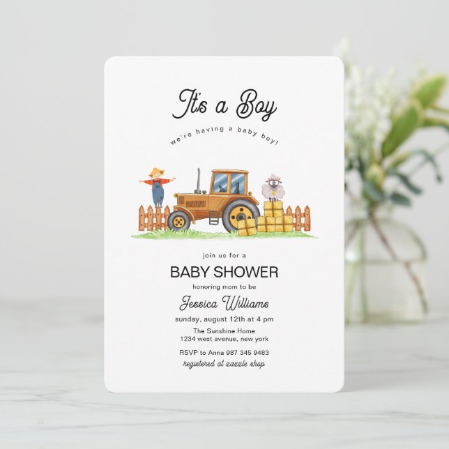 It's A Boy Framer Tractor Baby Shower  Inbjudningar (Stående Fram)