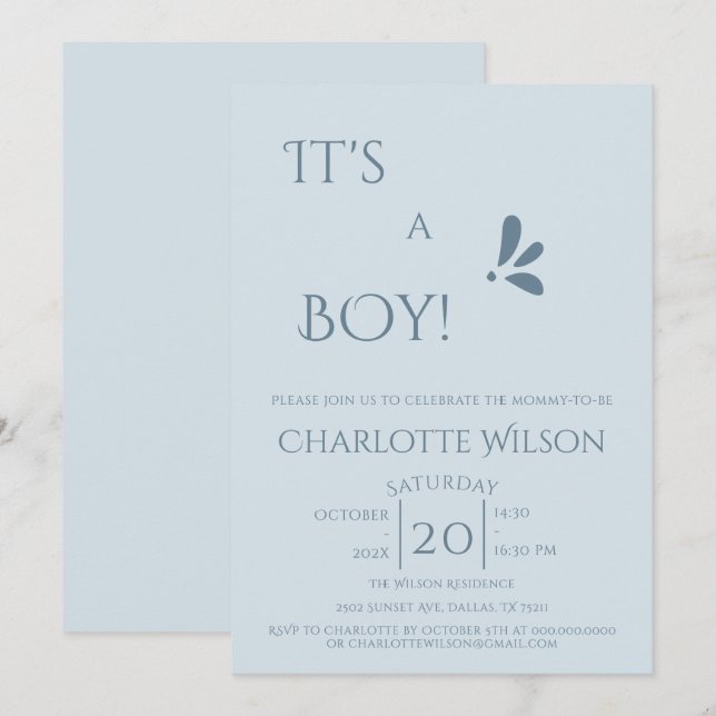 It's A Boy! Minimalism Pastel Blue Baby Shower Inbjudningar (Fram/baksida)