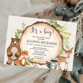 It's a boy rustic woodland animals baby shower inbjudningar