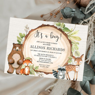 It's a boy rustic woodland animals baby shower inbjudningar